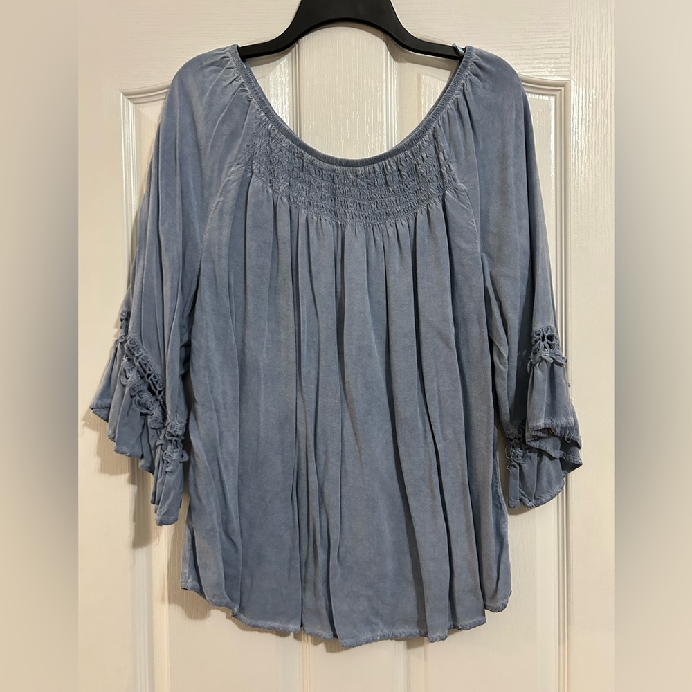 Chic Blue Blouse with Smocked Detail